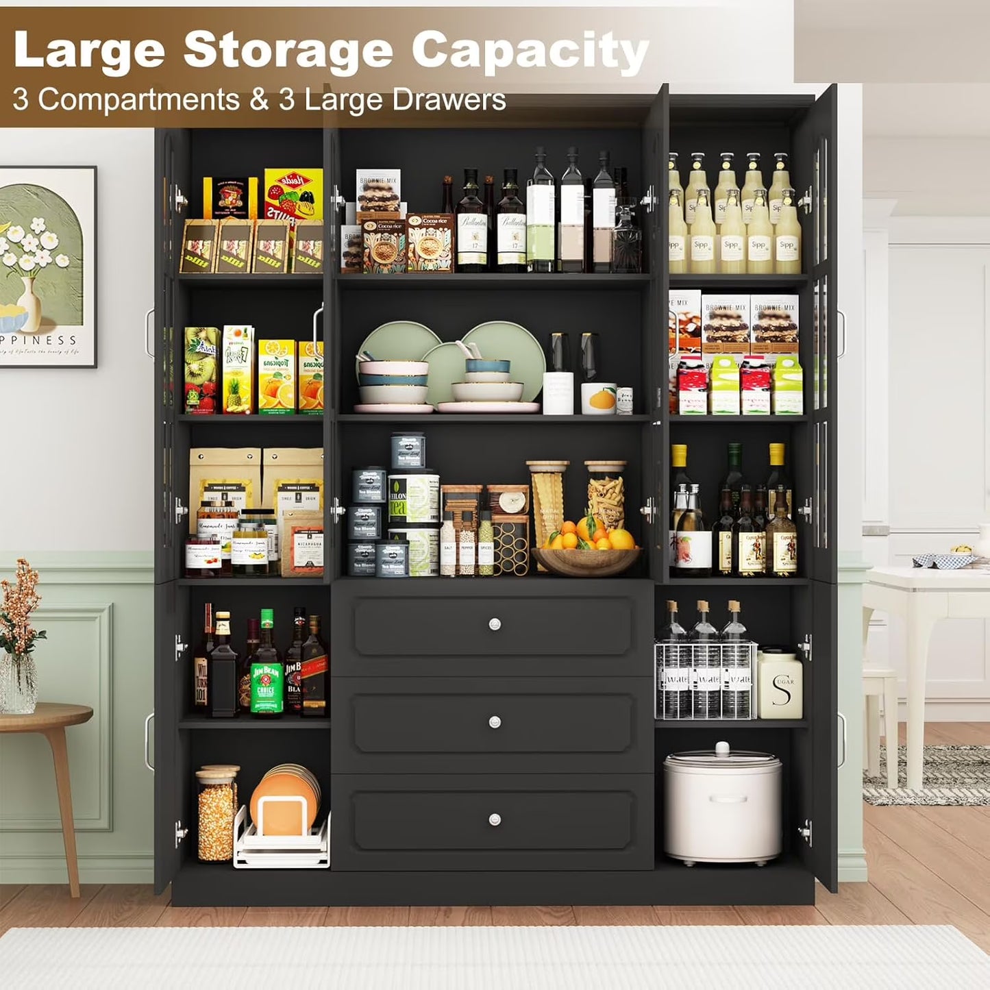 Blotout 78.7" Tall Kitchen Pantry Cabinet with 2 Glass Doors, Large Drawer Storage Cabinet with Shelves, Freestanding Storage Cabinet for Dining Room and Living Room
