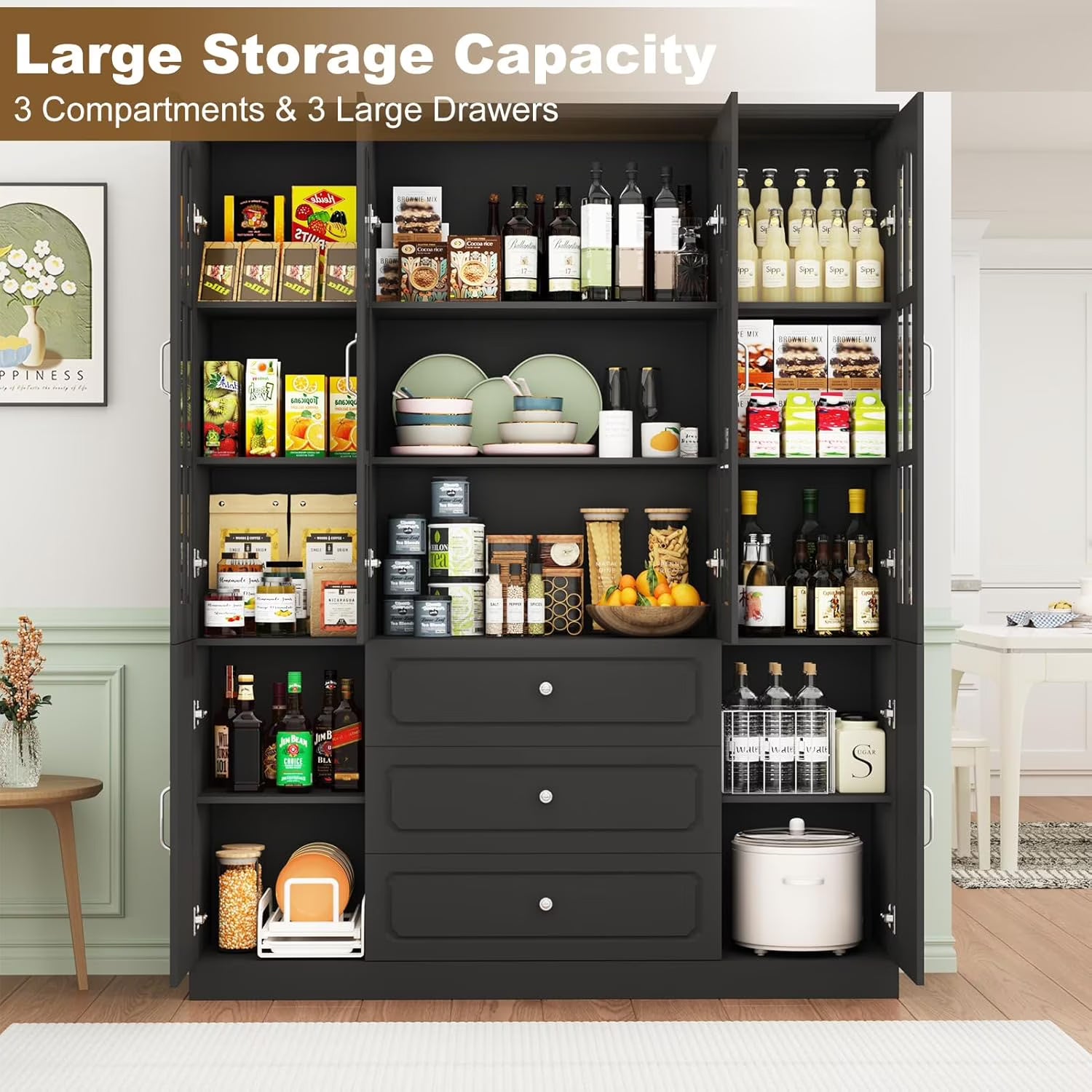 Blotout 78.7" Tall Kitchen Pantry Cabinet with 2 Glass Doors, Large Drawer Storage Cabinet with Shelves, Freestanding Storage Cabinet for Dining Room and Living Room