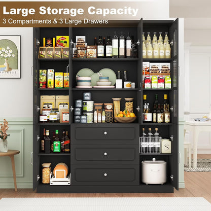 Blotout 78.7" Tall Kitchen Pantry Cabinet with 2 Glass Doors, Large Drawer Storage Cabinet with Shelves, Freestanding Storage Cabinet for Dining Room and Living Room