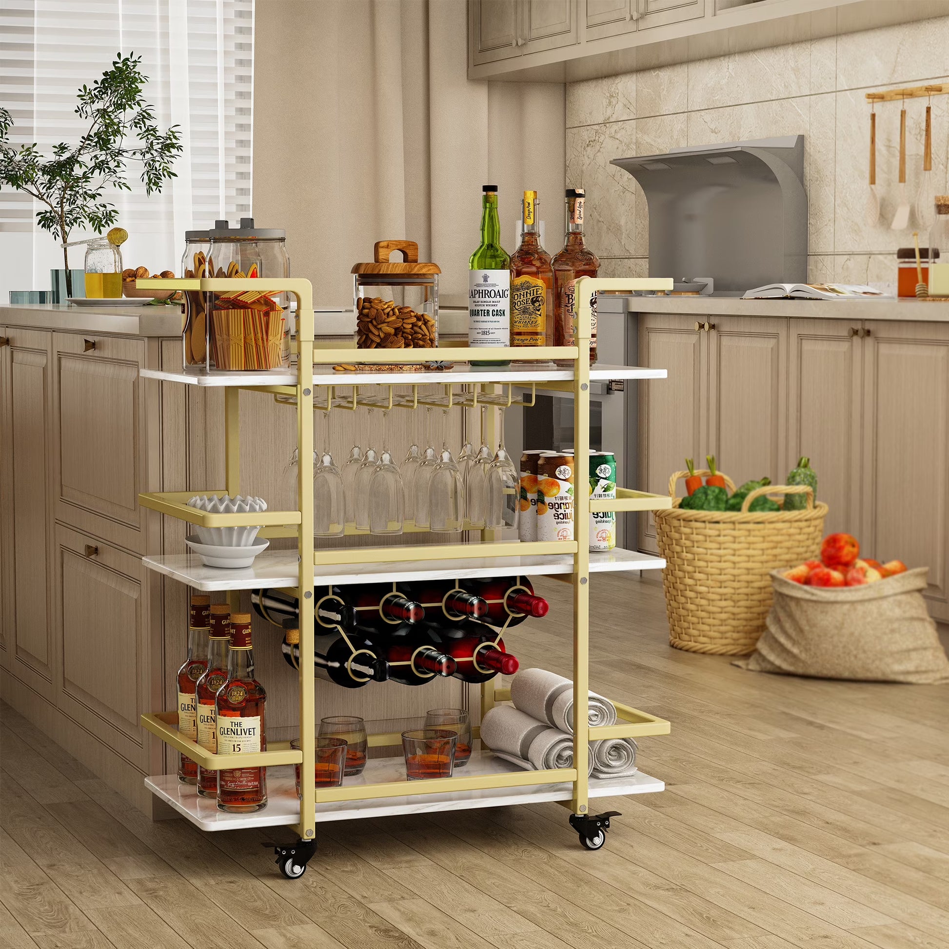 BENOSS 3-Tier Home Bar Cart with Wine Rack and Glass Cup Storage, Mobile Serving Wine Cart on Wheels, Modern Drink Trolley for Coffee Tea Wine, Beverage Bar Table for Home Kitchen Party, Black