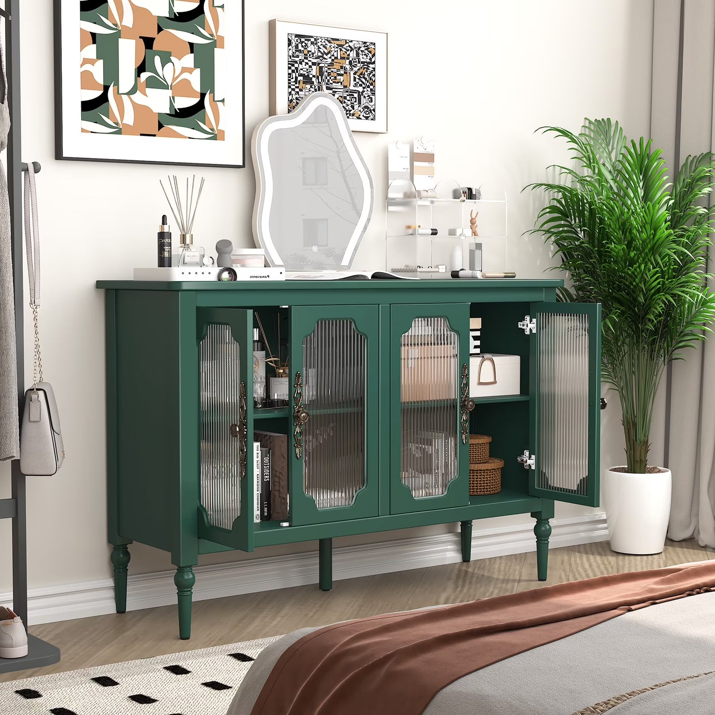 HLR 47.6" Modern Vintage Sideboards Buffet Cabinet with 4 Lattice Glass Door, Green