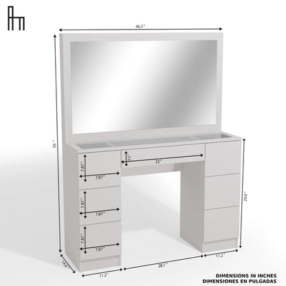 Ibbie Modern Vanity Table 7 Drawers Lights Mirror Crystal Knobs Glass Top White Painted for Bedroom