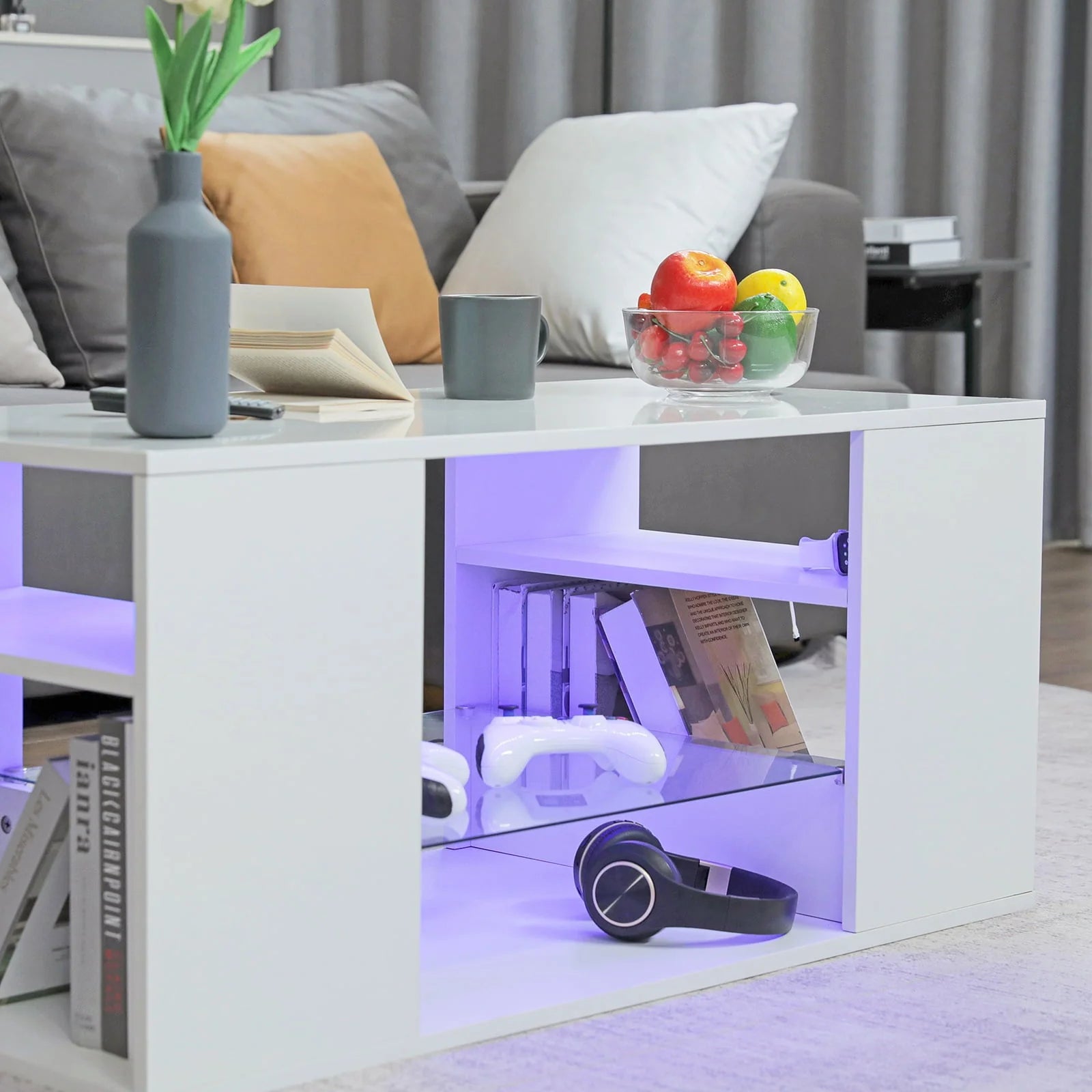 Hommpa LED Coffee Table with Glass Display Shelves for Living Room App and Remote Control LED Lights High Gloss Center Table Sofa Side Tables