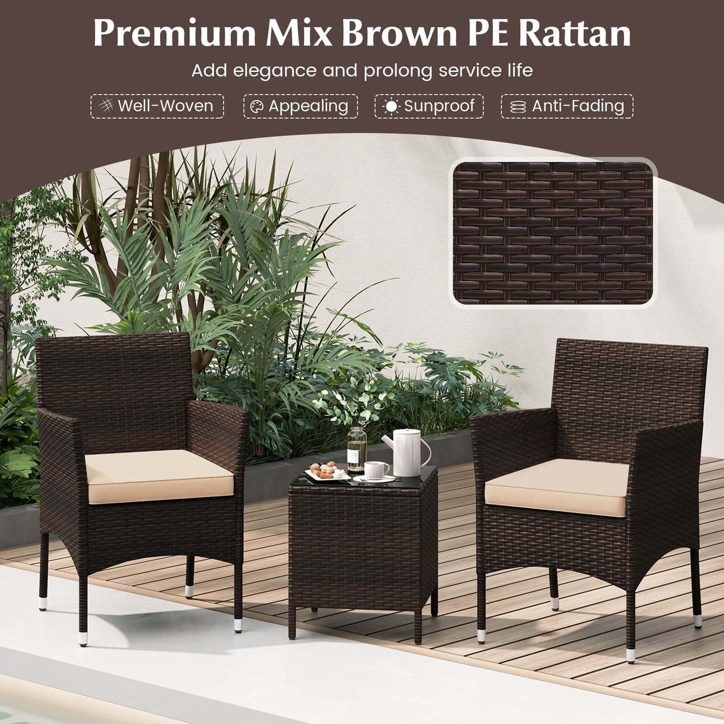 Costway 3 PCS Outdoor Conversation Set with Cushioned Seat & Tempered Glass Tabletop Beige