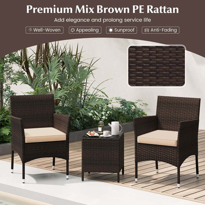 Costway 3 PCS Outdoor Conversation Set with Cushioned Seat & Tempered Glass Tabletop Beige
