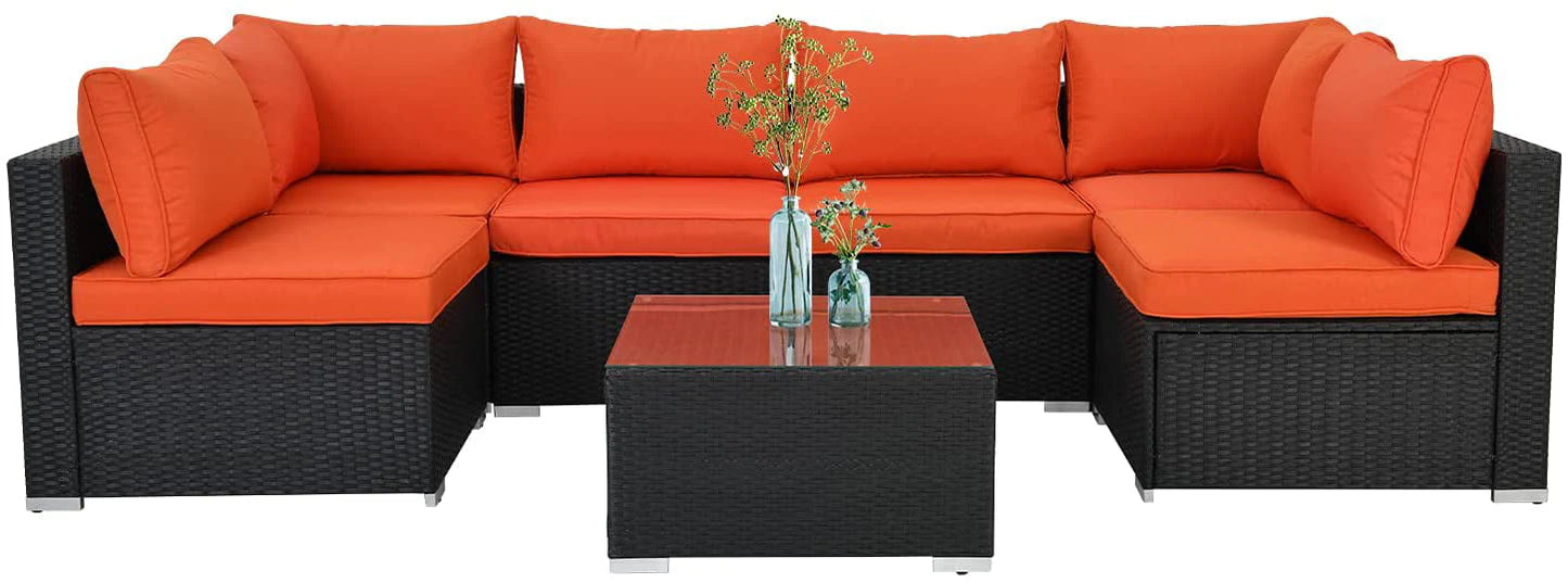 ESSENTIAL LOUNGER 7 Pieces Patio Conversation Set, Outdoor Sectional Sofa PE Rattan Wicker Patio Furniture Set with Cushion and Tempered Glass Table for Patio, Garden& Poolside, Orange