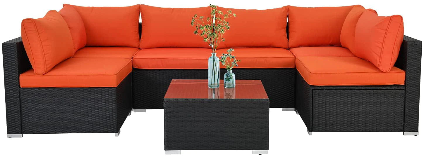 ESSENTIAL LOUNGER 7 Pieces Patio Conversation Set, Outdoor Sectional Sofa PE Rattan Wicker Patio Furniture Set with Cushion and Tempered Glass Table for Patio, Garden& Poolside, Orange