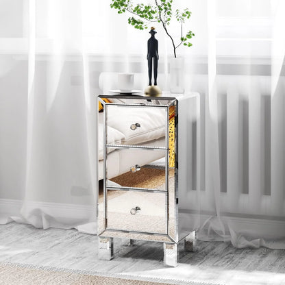 Zimtown Mirrored Glass 3-Drawers Nightstand Bedside Table Storage Bedroom