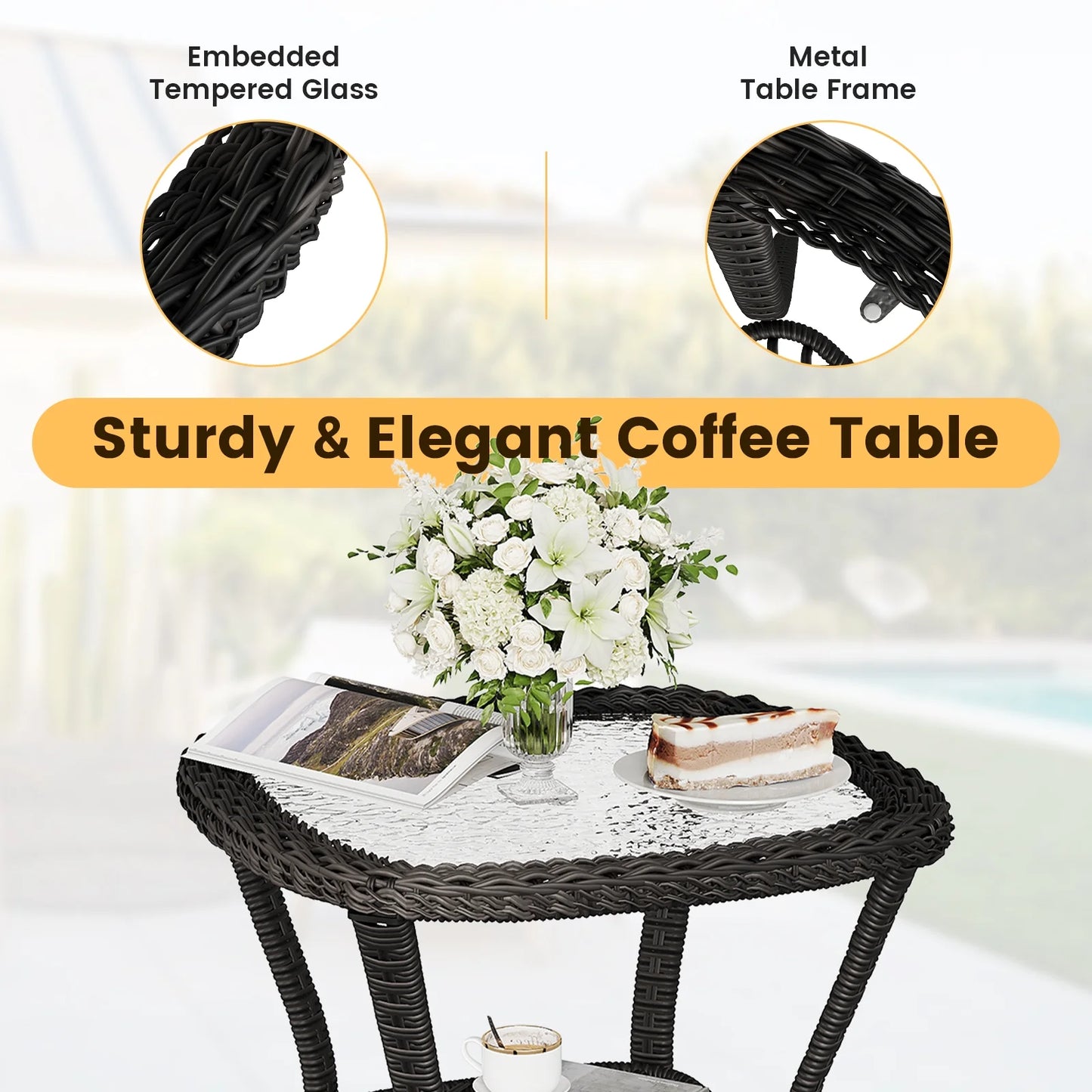 ELPOSUN 3 Pieces Patio Furniture Set, Outdoor Swivel Gliders Rocker, Wicker Patio Bistro Set with Rattan Rocking Chair, Glass Top Side Table and Thickened Cushions for Porch Deck Backyard