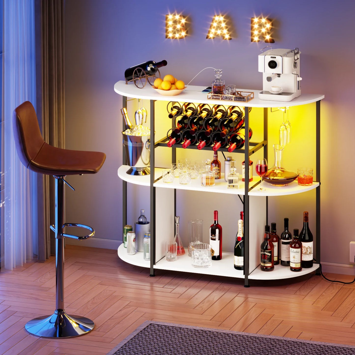 BOSSIN Bar Cabinet with Power Outlet & LED Home,Coffee Bar Cabinet for Liquor,Bar Cart with 4-Tier Storage for Bottles and Glass Holder