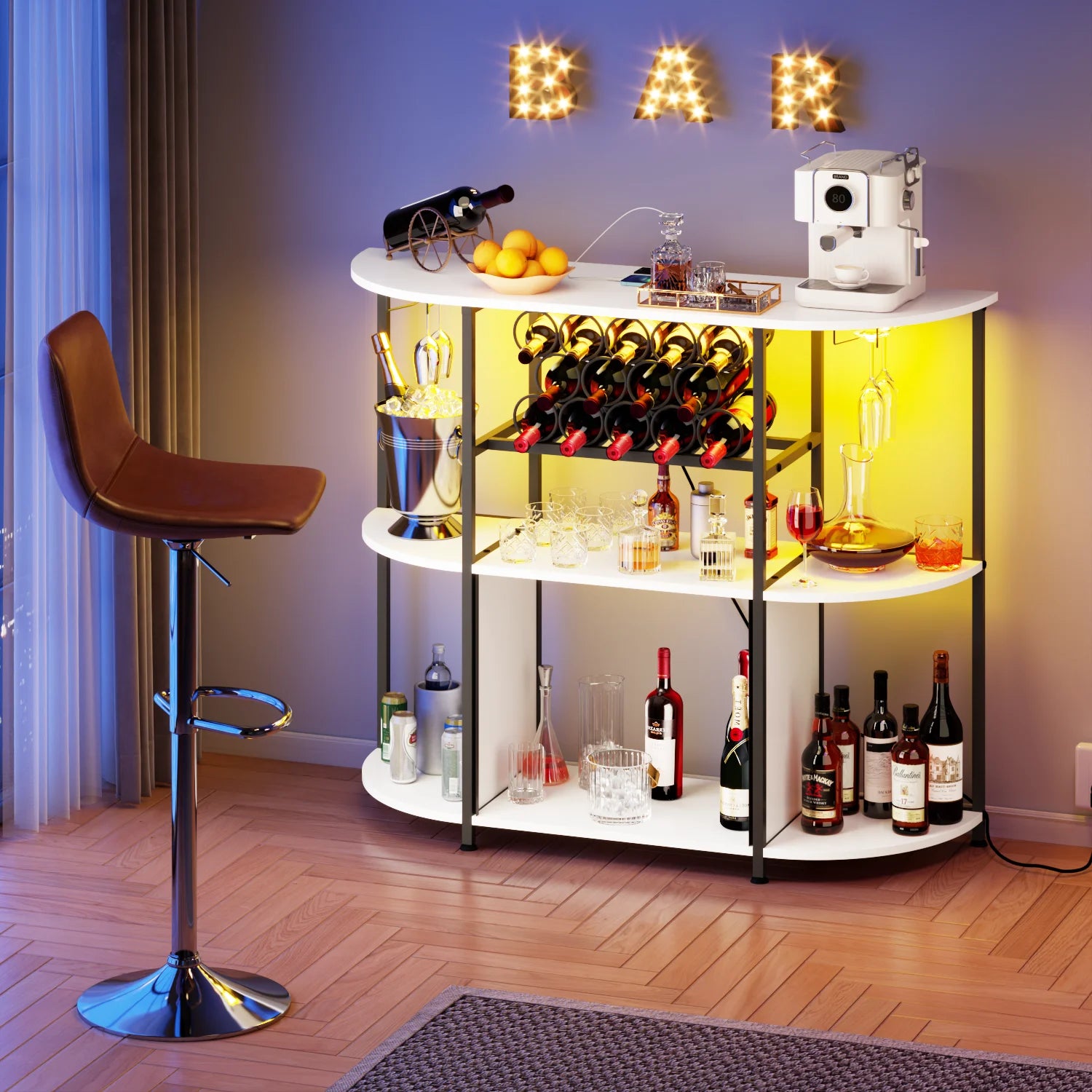 BOSSIN Bar Cabinet with Power Outlet & LED Home,Coffee Bar Cabinet for Liquor,Bar Cart with 4-Tier Storage for Bottles and Glass Holder