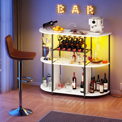 BOSSIN Bar Cabinet with Power Outlet & LED Home,Coffee Bar Cabinet for Liquor,Bar Cart with 4-Tier Storage for Bottles and Glass Holder