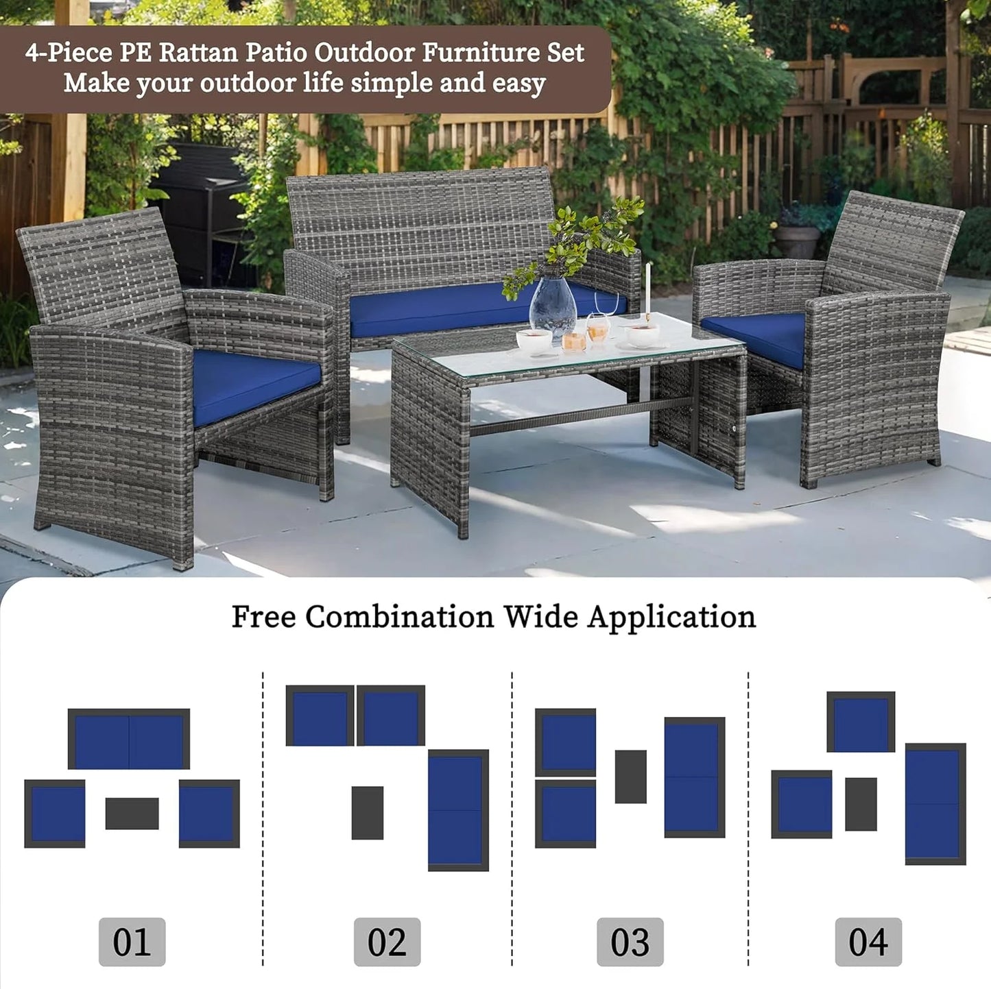 4-Piece Outdoor Gray Wicker Patio Conversation Furniture Set, Rattan Patio Furniture Set with Weather Resistant Cushions and Tempered Glass Tabletop,Red