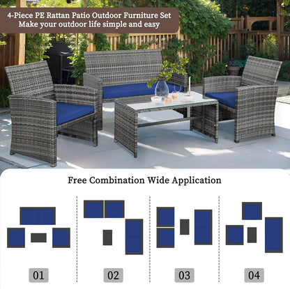 4-Piece Outdoor Gray Wicker Patio Conversation Furniture Set, Rattan Patio Furniture Set with Weather Resistant Cushions and Tempered Glass Tabletop,Red