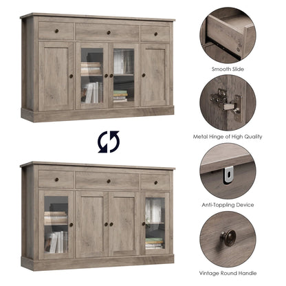 Homfa 55.1'' W Kitchen Buffet Sideboard, 3 Drawer Glass Door Accent Cabinet Coffee Bar with Adjustable Shelf for Dining Room Living Room, Gray Finish