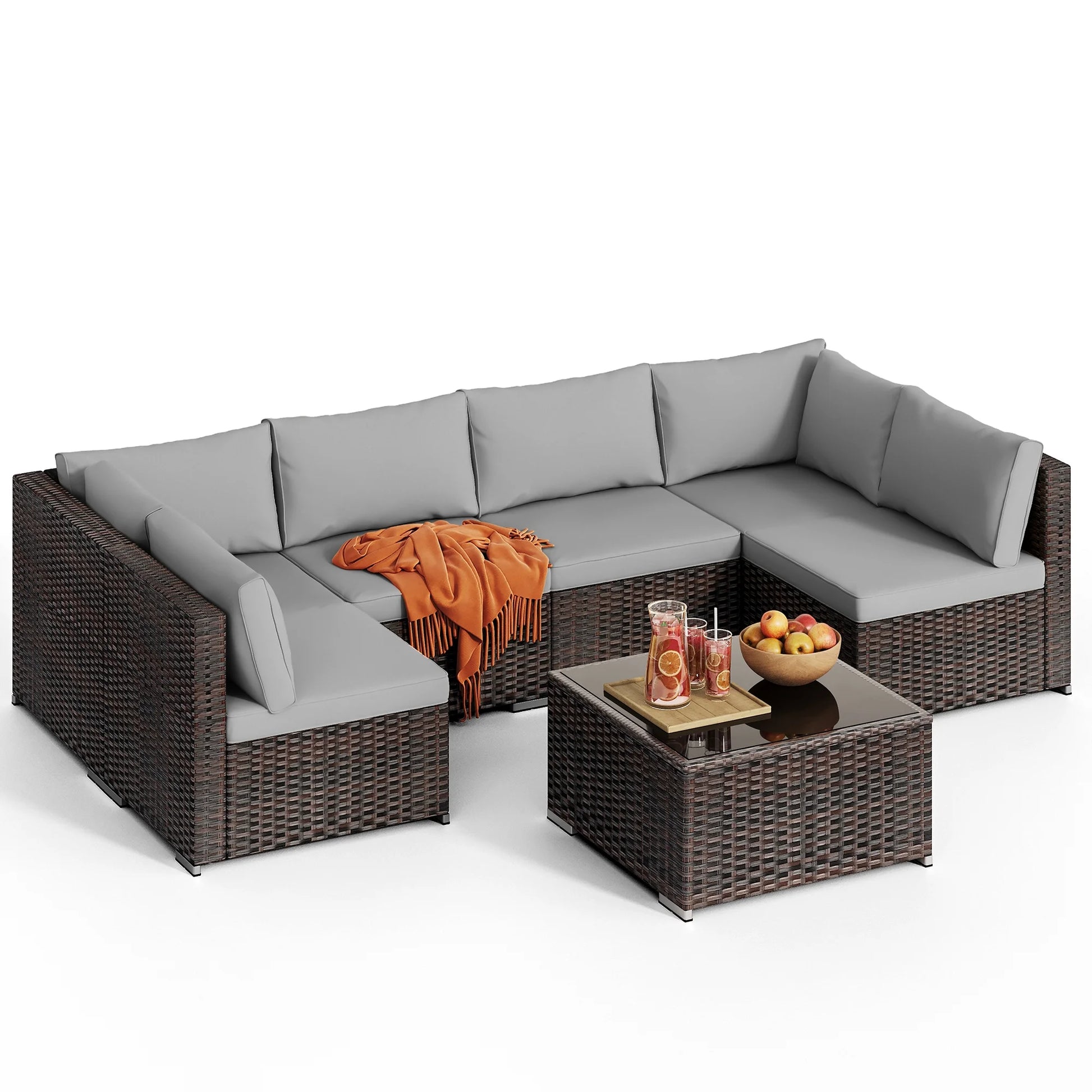 7 Pieces Outdoor Patio Furniture Set, Lofka PE Rattan Sectional Sofa with Tempered Glass Coffee Table & All-Weather Cushions, Patio Conversation Set for Garden, Poolside (Grey)