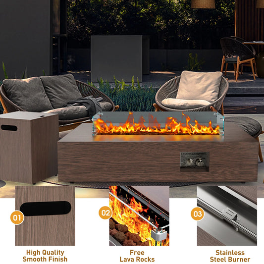 WFUN 43" Outdoor Propane Fire Pit Table with Glass Wind Guard & Cover for Garden, Pool, Backyard, CSA certification, Brown