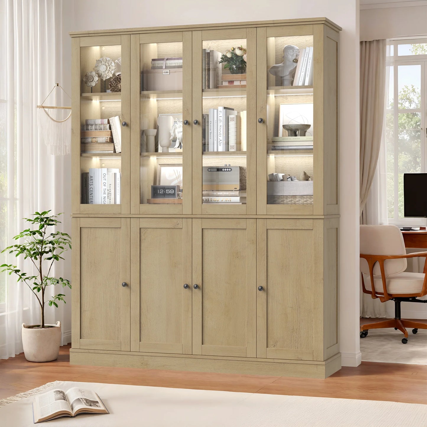 Homfa Kitchen Pantry Cabinet with Glass Doors, 74° Tall Display Cabinets with LED & Adjustable Shelves for Living Room Office, White