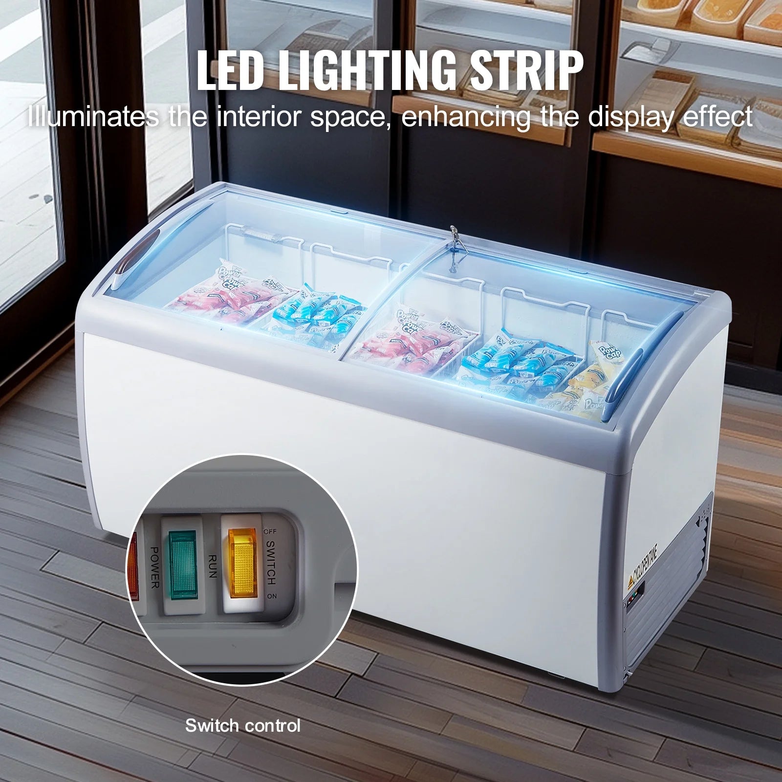 KFFKFF Professional Ice Cream Showcase, 16.3 Cubic Feet Storage Freezer, Portable Transparent Lid Deep Freezer, Dining Establishment Sorbet Serving Cabinet,5 Metal Baskets, Dual Slide Glass Doors