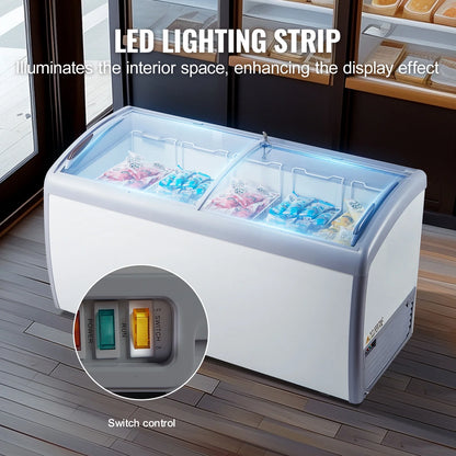 KFFKFF Professional Ice Cream Showcase, 16.3 Cubic Feet Storage Freezer, Portable Transparent Lid Deep Freezer, Dining Establishment Sorbet Serving Cabinet,5 Metal Baskets, Dual Slide Glass Doors