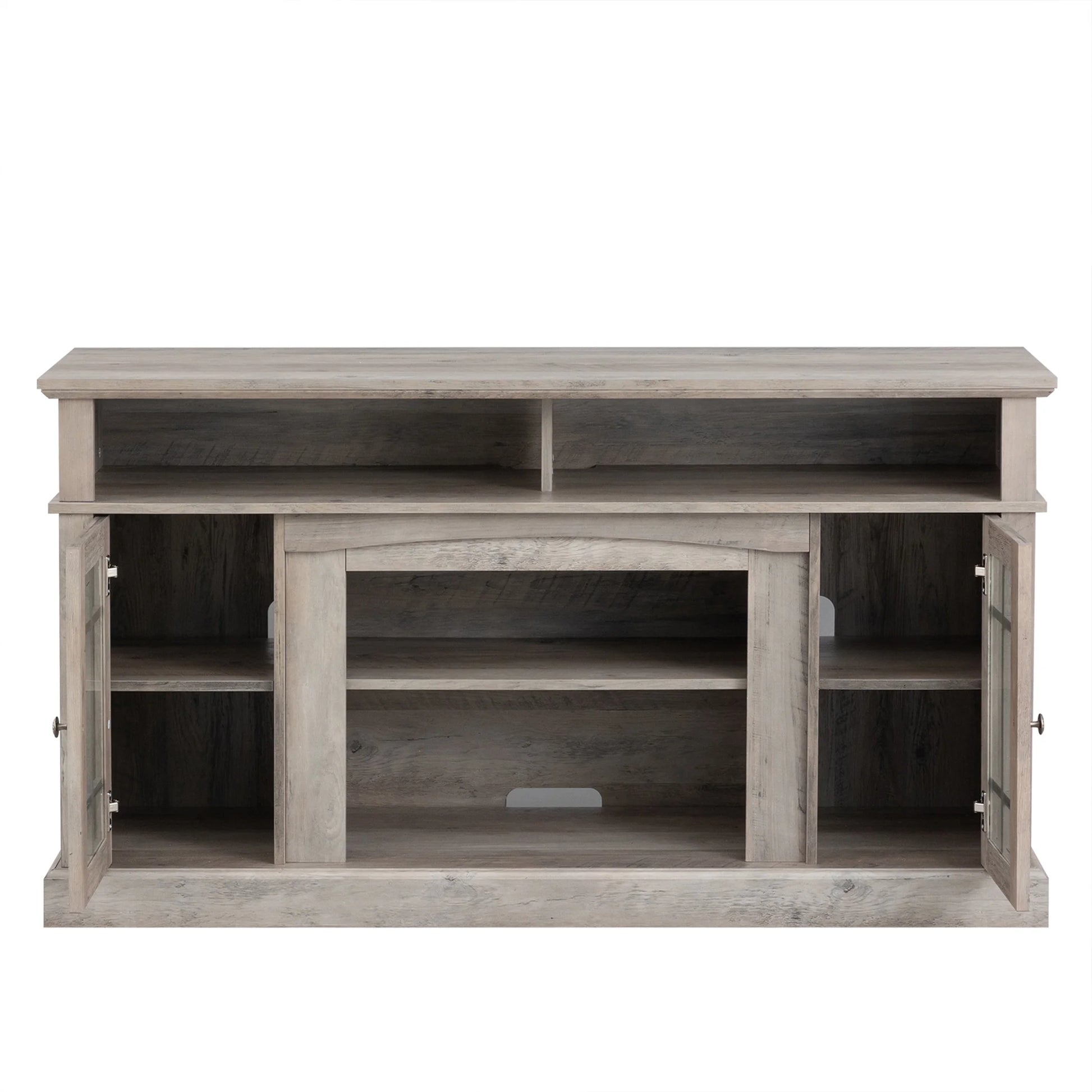 Electric Fireplace TV Stand for 65" TV, Farmhouse TV Stand for Living Room with Adjustable Shelves and Glass Doors, Media Console with Wireless Remote Control Virtual Flame Fireplace, Gray