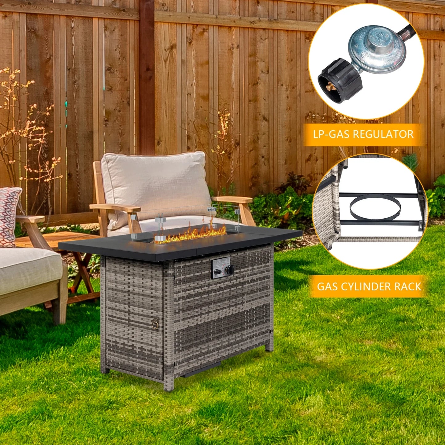 43 in Propane Fire Pit Table, 50,000 BTU Auto-Ignition Fire Pit Table, Gas Fire Pits for Outside with Glass Stone and Waterproof Cover, Grey Rattan, CSA Certification for Garden/Patio/Backyard
