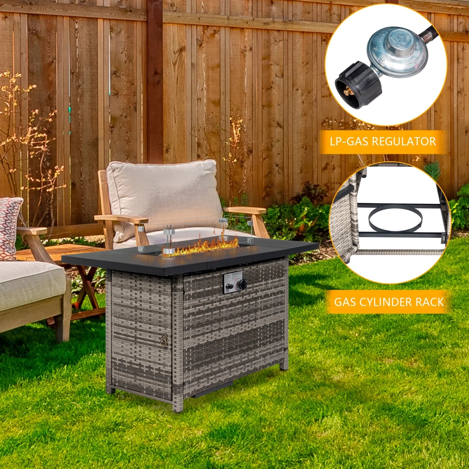 43 in Propane Fire Pit Table, 50,000 BTU Auto-Ignition Fire Pit Table, Gas Fire Pits for Outside with Glass Stone and Waterproof Cover, Grey Rattan, CSA Certification for Garden/Patio/Backyard