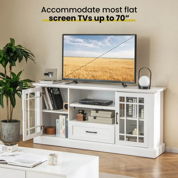 TV Stand for TVs up to 70 with Glass Doors Cubbies and Drawer