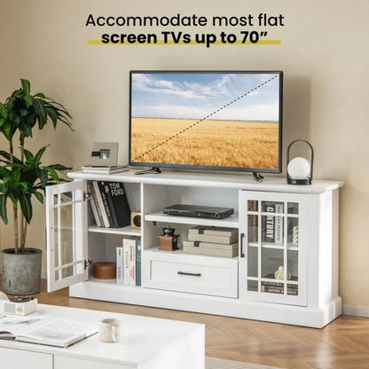 TV Stand for TVs up to 70 with Glass Doors Cubbies and Drawer