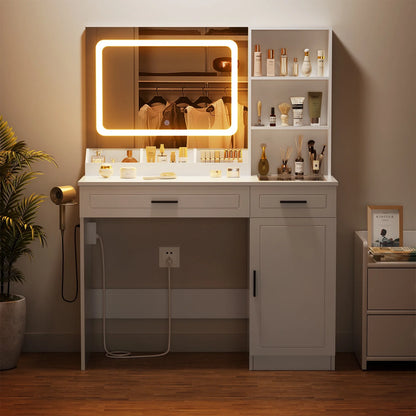 Hommpa Vanity Desk, Makeup Vanity with LED Lighted Mirror Vanity with Glass Top Drawers Vanity Table with Charging Station for Girls Bedroom Large Storage Cabinet Shelves, White
