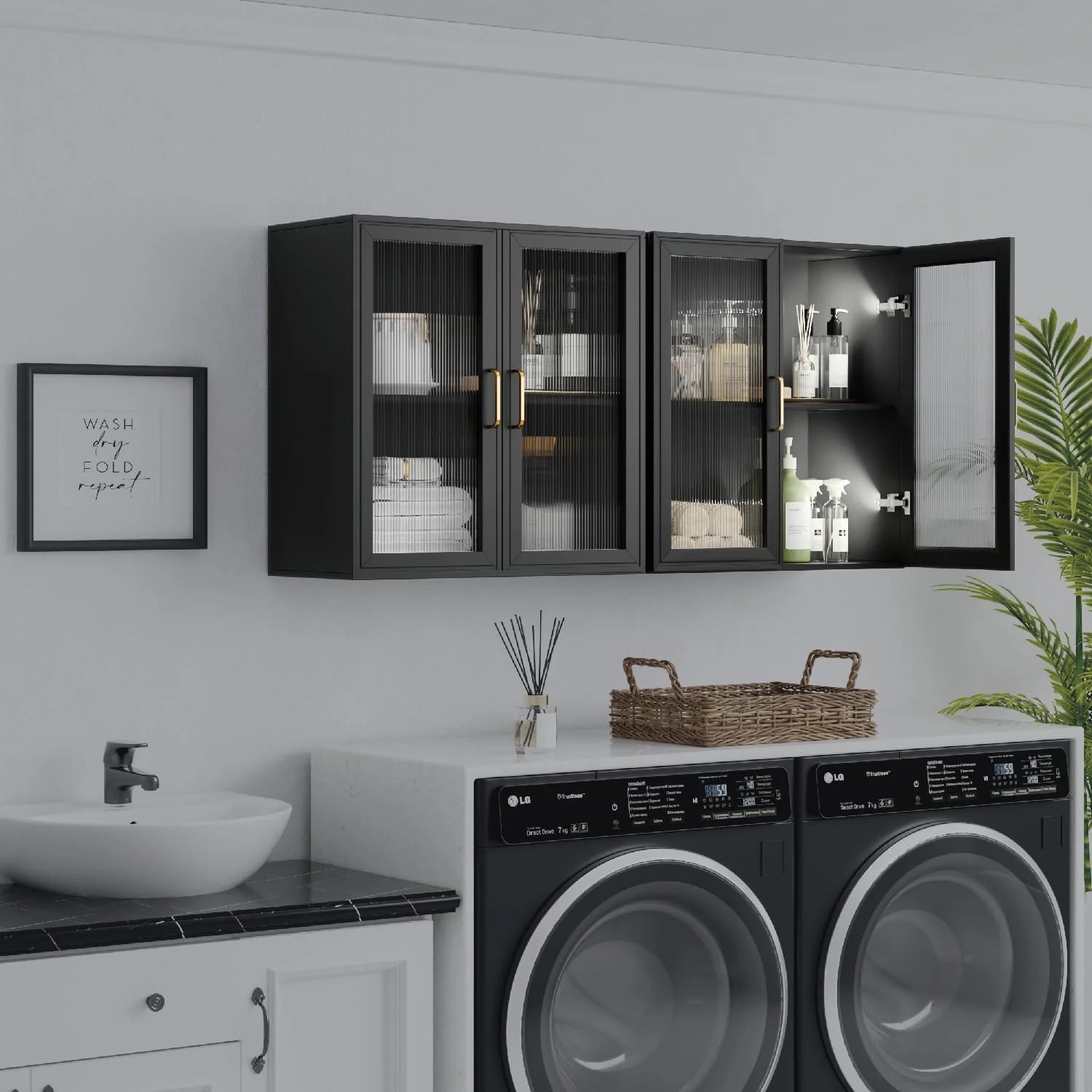 Wall Storage Cabinets - Led Upper Kitchen Laundry Wall Mounted Cabinets with Acrylic Glass 3 Doors and Shelves, 36'Wide