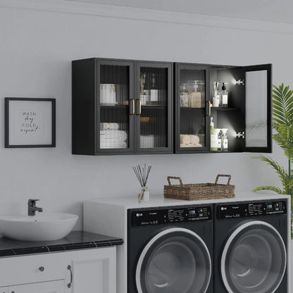 Wall Storage Cabinets - Led Upper Kitchen Laundry Wall Mounted Cabinets with Acrylic Glass 3 Doors and Shelves, 36'Wide