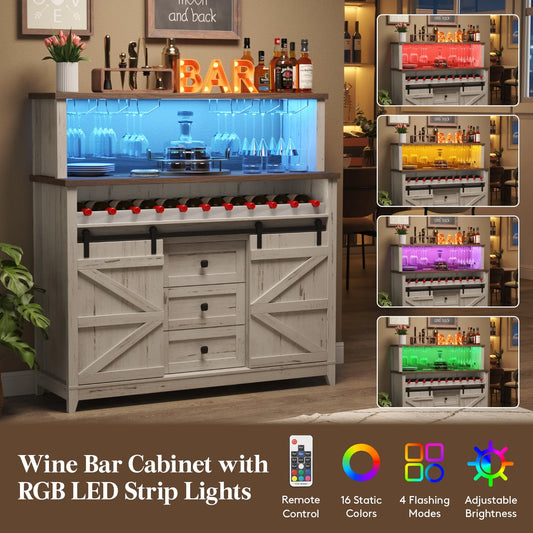 Lifewit Farmhouse Wine Bar Cabinet with Sliding Bar Door and Led Lights, Sideboard with 2 Layers Tabletops, Wine and Glass Racks, 2 Storage Cabinets with Adjustable Shelf, 3 Drawers, Rustic White