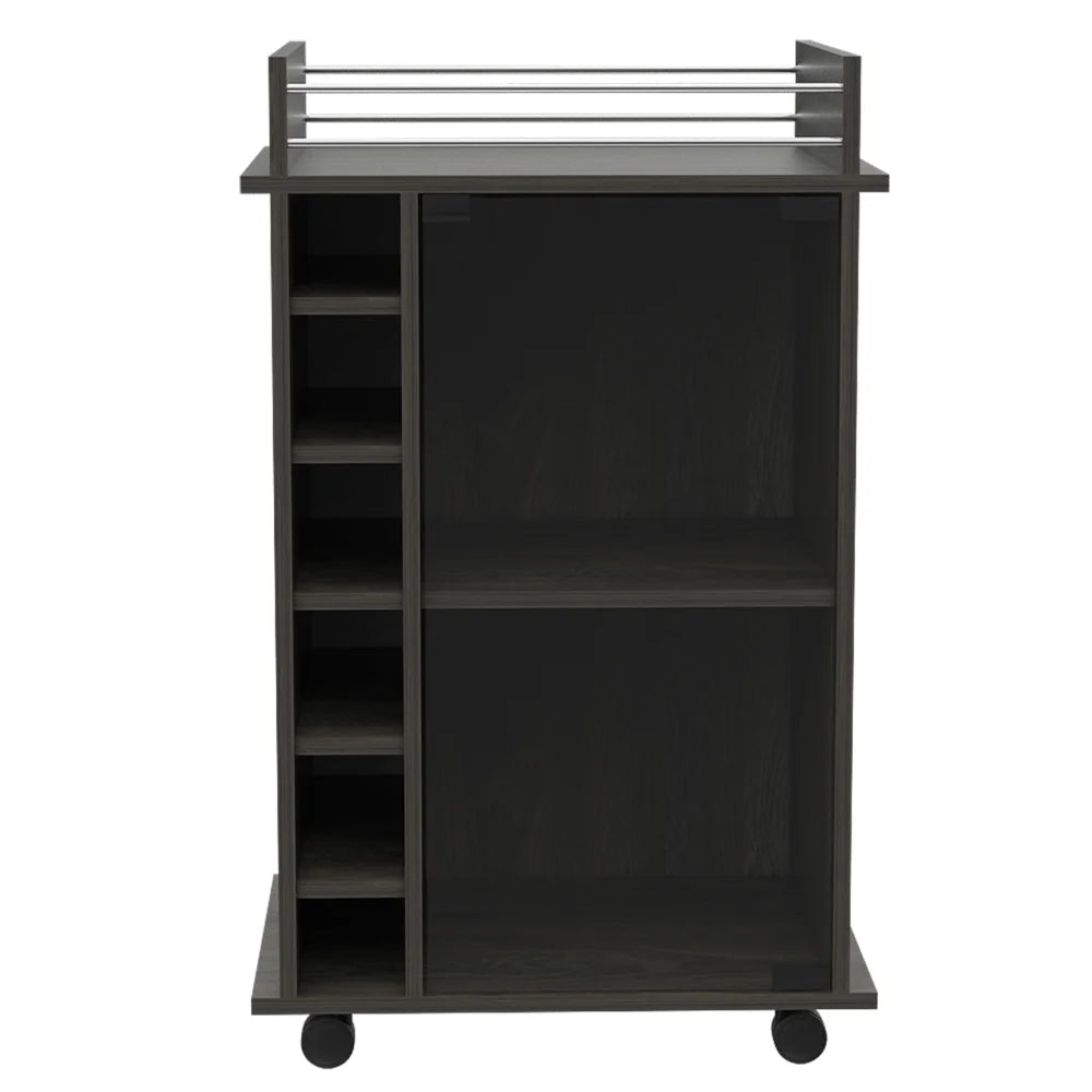 32" H carbon espresso bar-coffee cart, Kitchen or living room cabinet storage with with 4 wheels, with 6 bottle racks, a central shelf covered by 1 glass door, 1 support surface with aluminum front.
