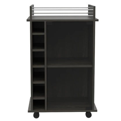 32" H carbon espresso bar-coffee cart, Kitchen or living room cabinet storage with with 4 wheels, with 6 bottle racks, a central shelf covered by 1 glass door, 1 support surface with aluminum front.