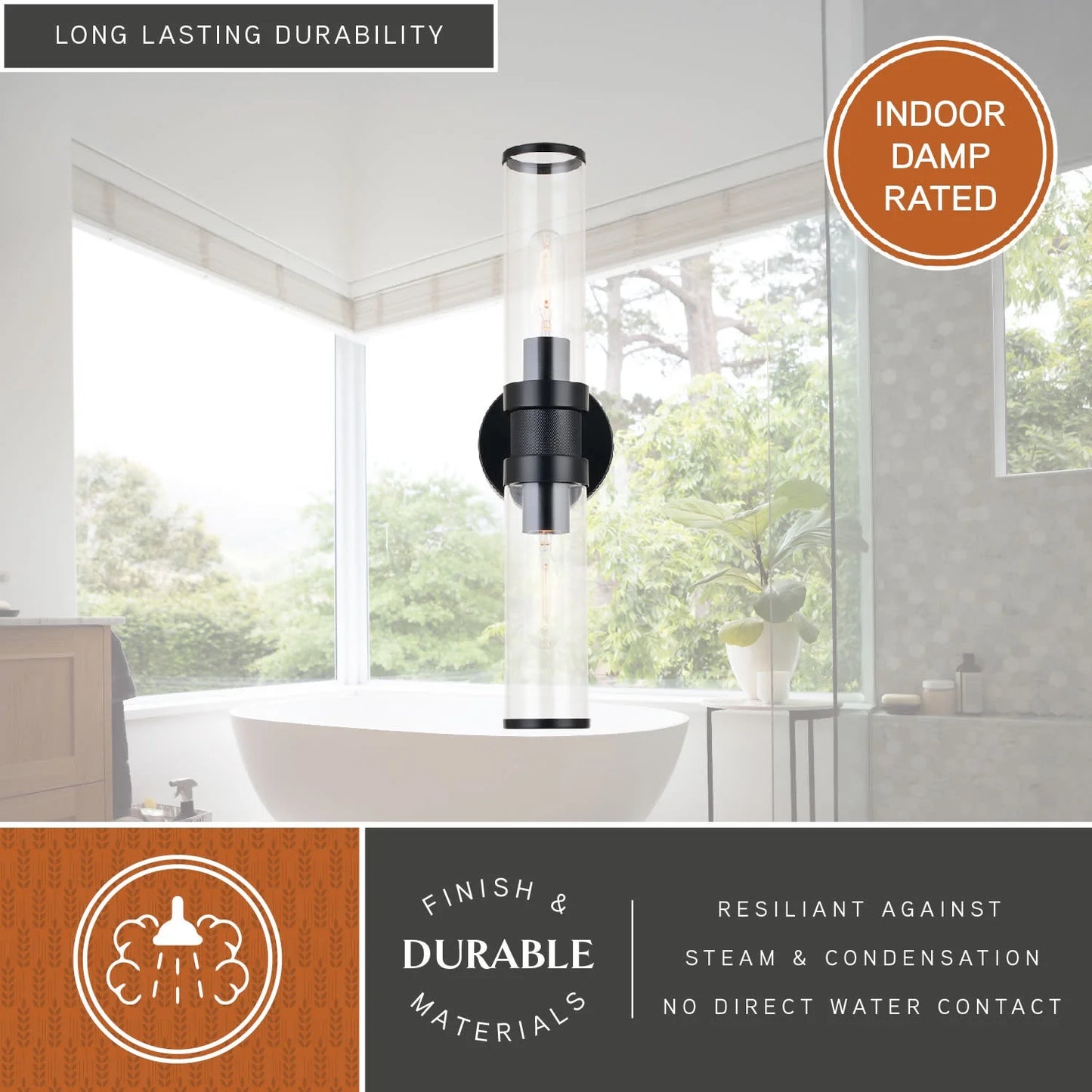 Levitt 2 Light Black Industrial Bathroom Vanity Wall Fixture with Clear Tube Glass