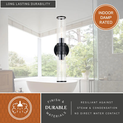 Levitt 2 Light Black Industrial Bathroom Vanity Wall Fixture with Clear Tube Glass