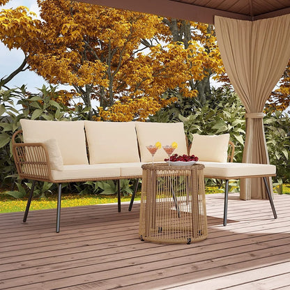 Dextrus L-Shaped Patio Sofa, All-Weather Wicker Patio Conversation Set with Tempered Glass Table & Cushions