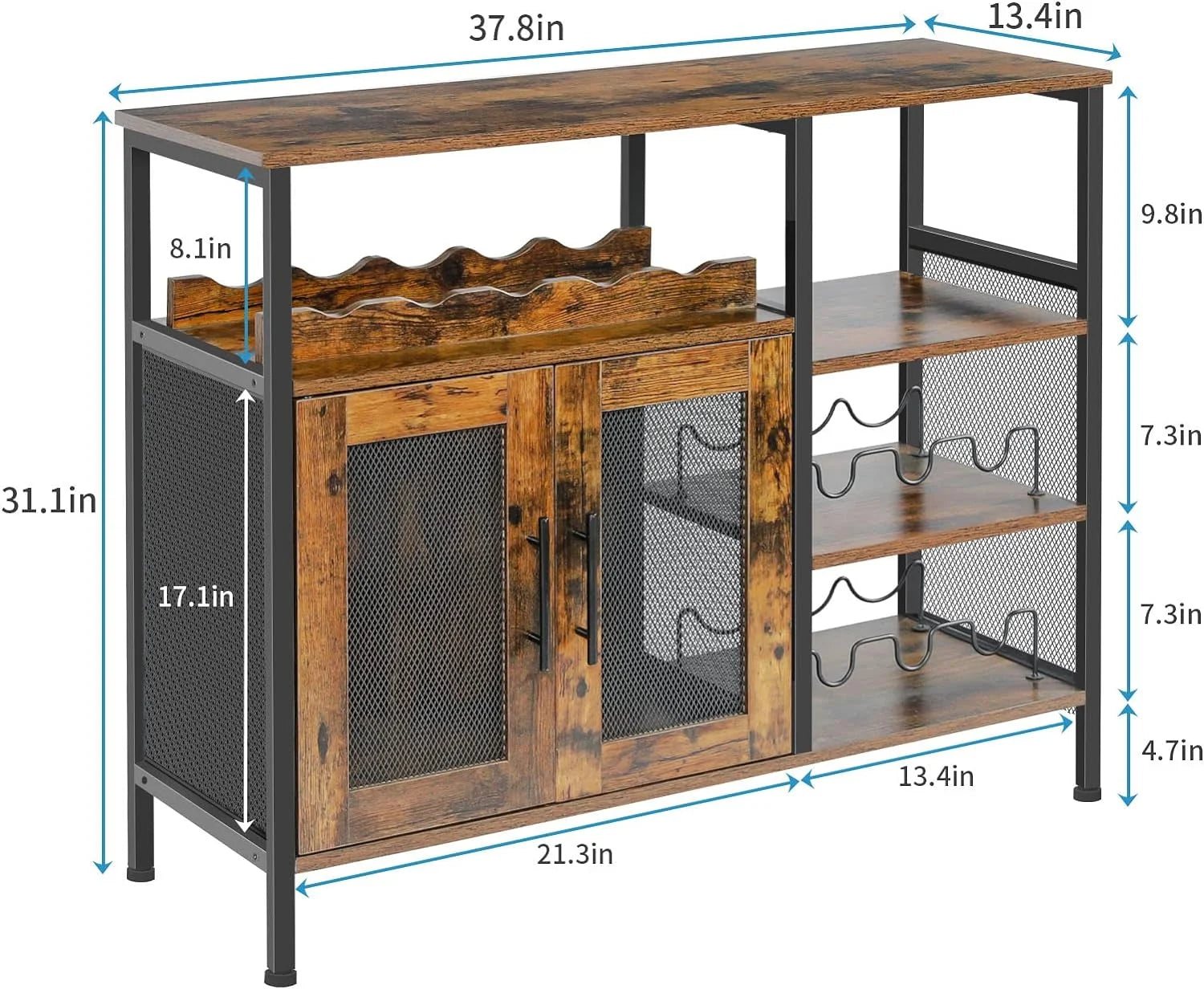 x-Cosrack Wine Bar Cabinet with Detachable Wine Rack, Coffee Bar Cabinet with Glass Holder and Mesh Door, Rustic Brown