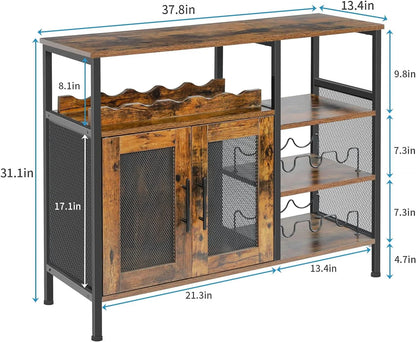 x-Cosrack Wine Bar Cabinet with Detachable Wine Rack, Coffee Bar Cabinet with Glass Holder and Mesh Door, Rustic Brown