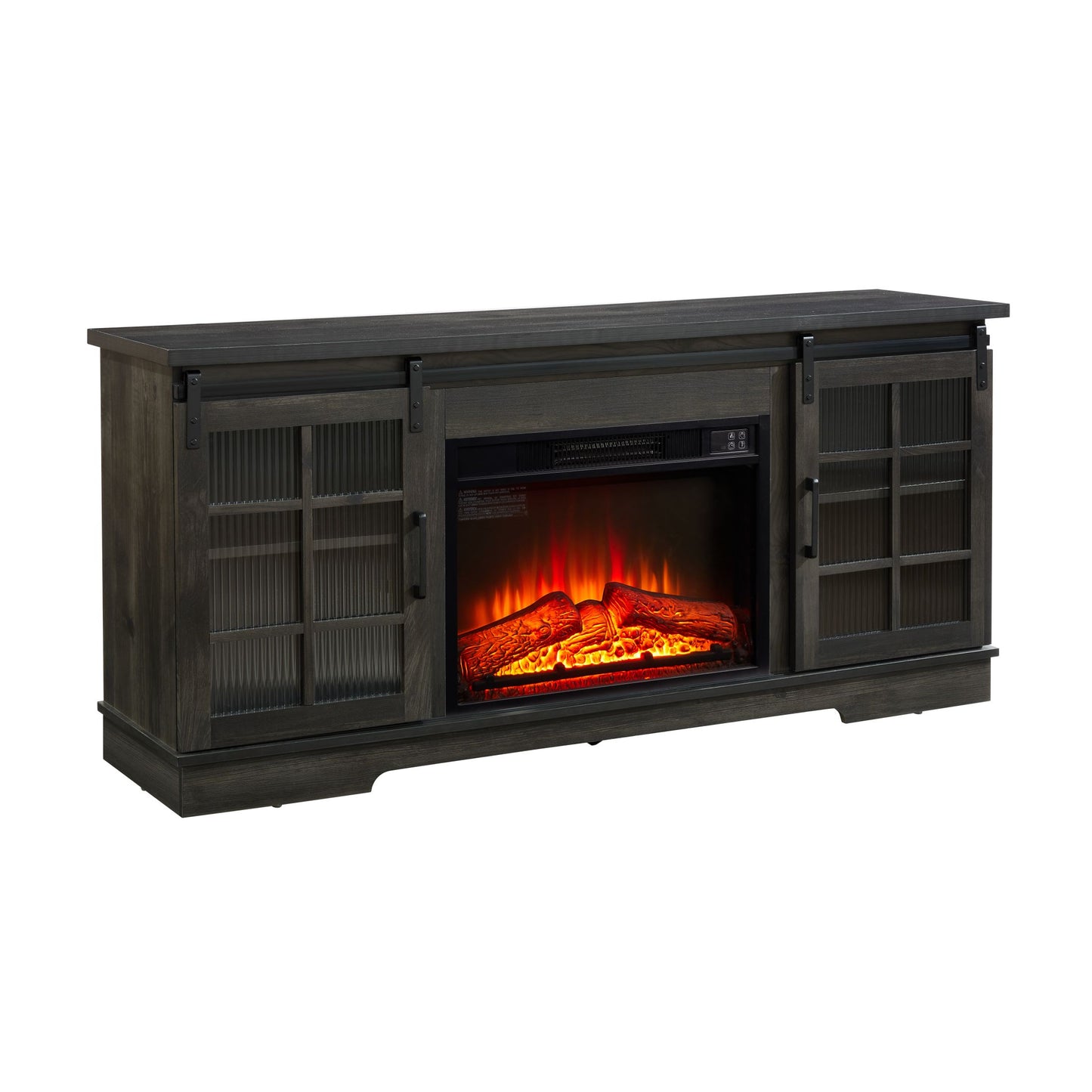 IMKHK TV Stand with Remote Control Fireplace, Media Entertainment Center for TVs up to 70", Farmhouse TV Console Table with Sliding Glass Doors and 2 Storage Cabinets for Living Room, Charcoal Gray