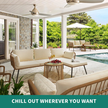 Dextrus L-Shaped Patio Sofa, All-Weather Wicker Patio Conversation Set with Tempered Glass Table & Cushions