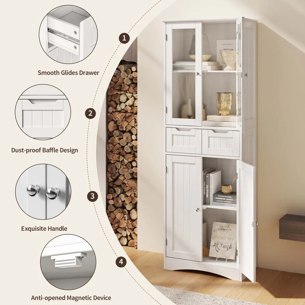 Aiho 66.9 "H Kitchen Pantry Storage Cabinet with 2 Drawers and Glass Doors for Kitchen - White
