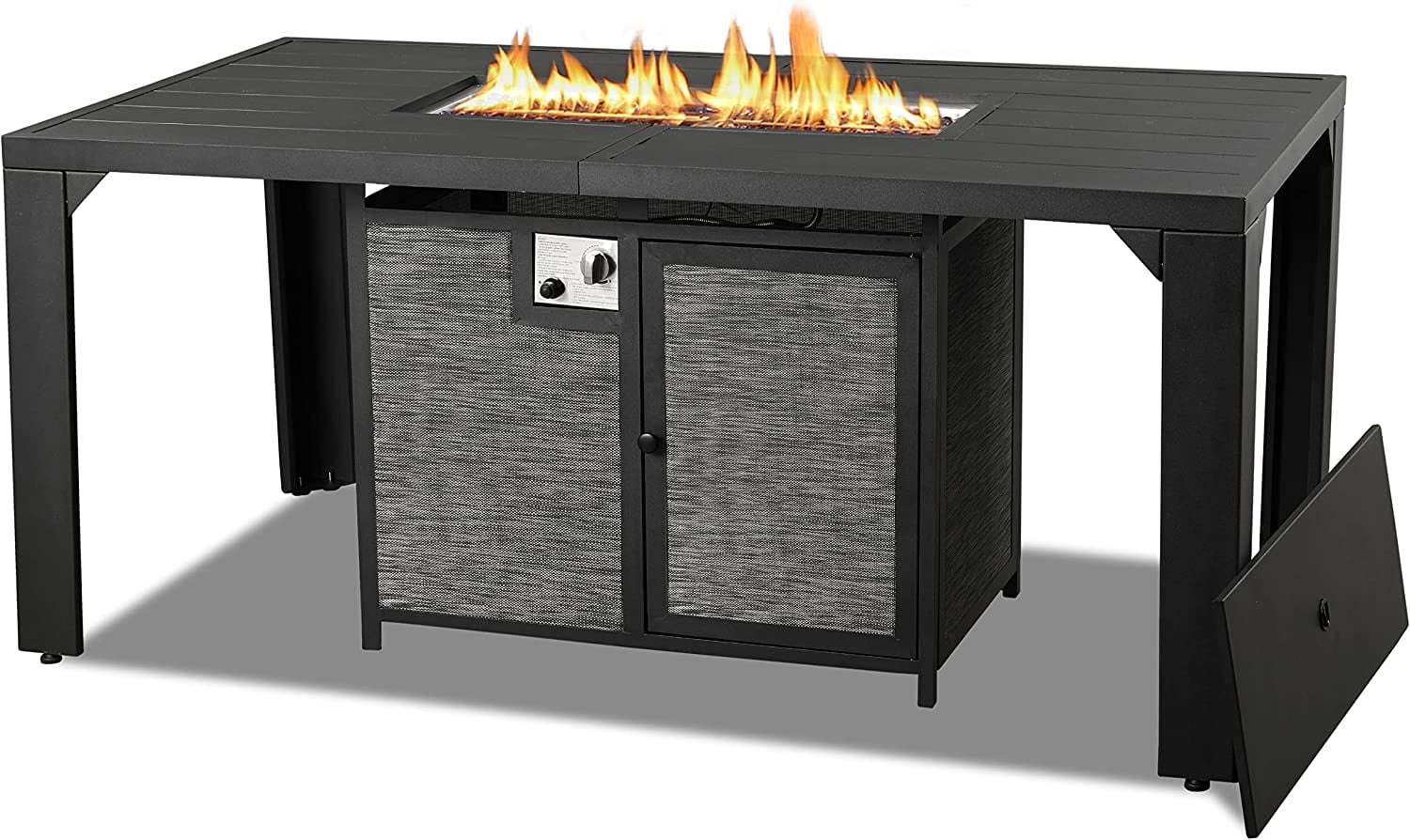 PIZZELLO Outdoor Rectangular Patio Fire Dining Table 62.5" for 6 with Fire Glass Bead, Black