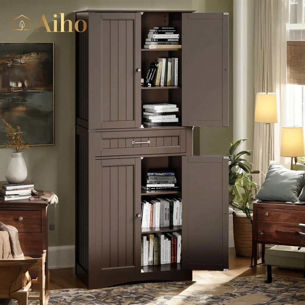 Aiho 67" Kitchen Pantry Storage Cabinet, Pantry Storage Cabinet with 2 Drawers and Glass Doors for Kitchen, Dining Room - White