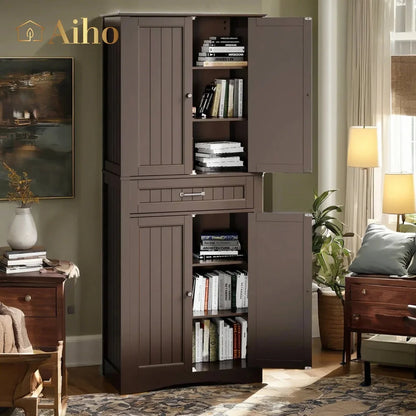 Aiho 67" Kitchen Pantry Storage Cabinet, Pantry Storage Cabinet with 2 Drawers and Glass Doors for Kitchen, Dining Room - White