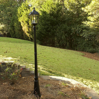 Gama Sonic Solar Outdoor Lamp Post Light, Black Cast Aluminum and Beveled Glass Panels, 10-Year Royal Bulb, Warm White LED with Omni-Direction Reflector, 87-inch Height, 98B001
