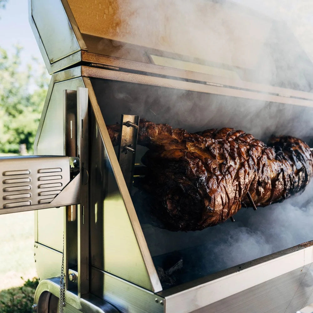 Ash & Ember 13W Stainless Steel BBQ Rotisserie Grill with Hooded Cover Glass Window, 4 RPM Rotation Speed, Rated 85 LB for Medium Game