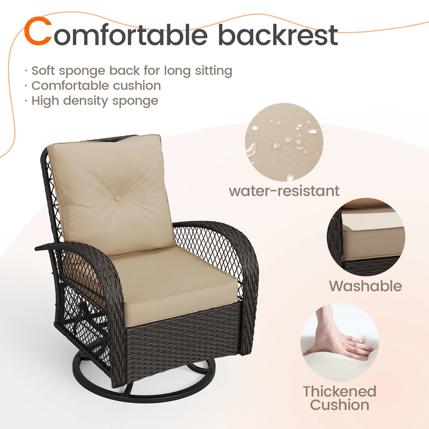 MRUAKA 3 Pieces Patio Furniture Set, Outdoor Swivel Gliders Rocker, Wicker Patio Bistro Set with Rattan Rocking Chair, Glass Top Side Table and Thickened Cushions (Khaki)