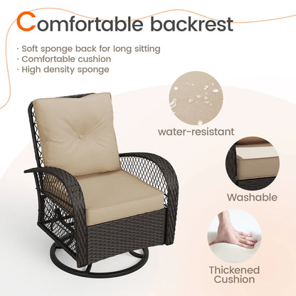 MRUAKA 3 Pieces Patio Furniture Set, Outdoor Swivel Gliders Rocker, Wicker Patio Bistro Set with Rattan Rocking Chair, Glass Top Side Table and Thickened Cushions (Khaki)